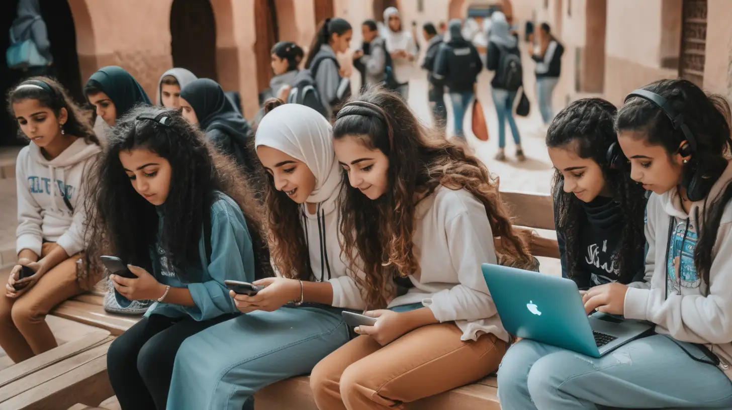  a bench of moroccan girls in front of their phones screens and computers, dressing and looking different, overwelmed, young girls mostly