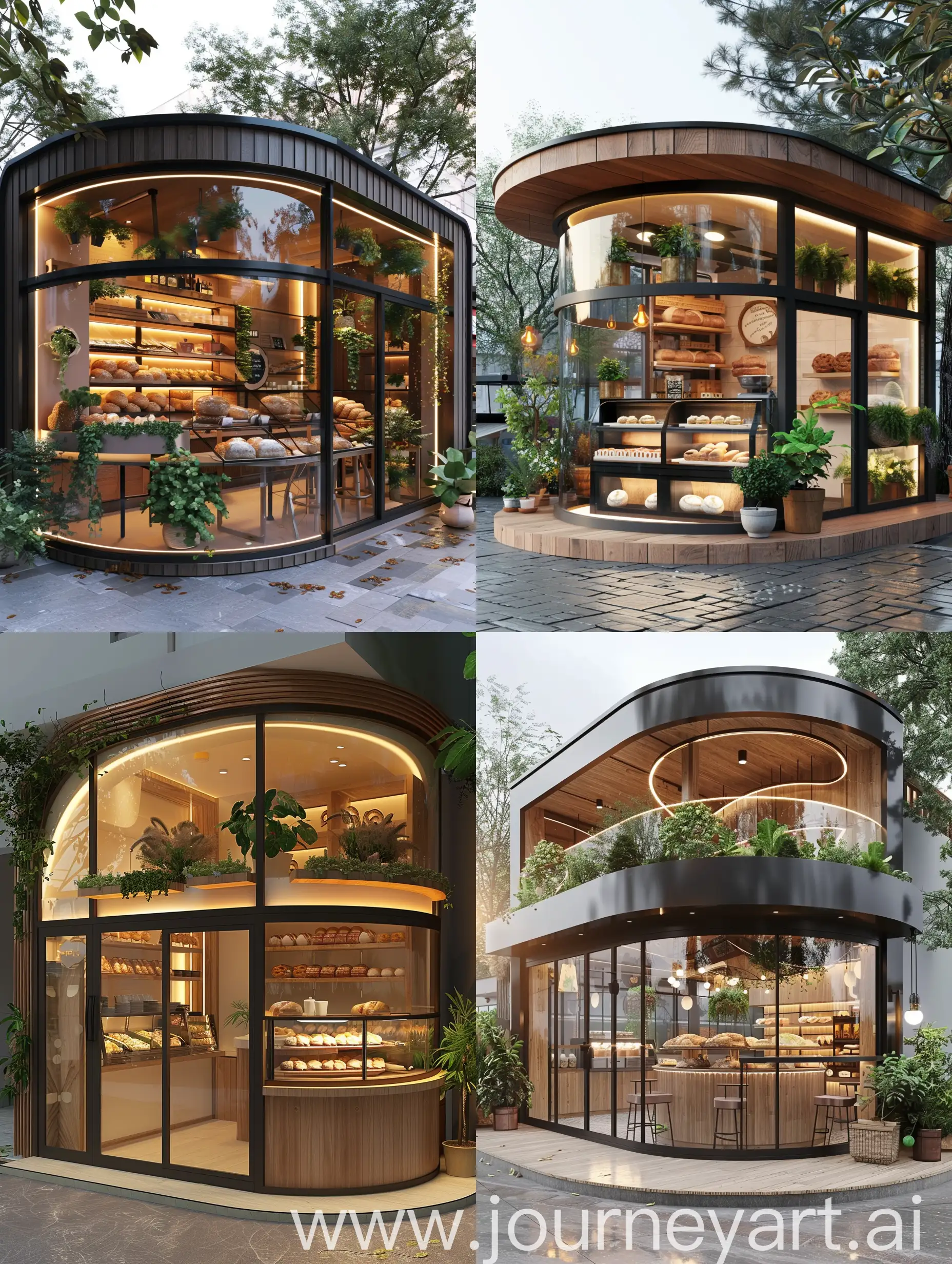 полукруглая небольшая пекарня в современном стиле с растениями, большими окнами и уютом. планировка и экстьер