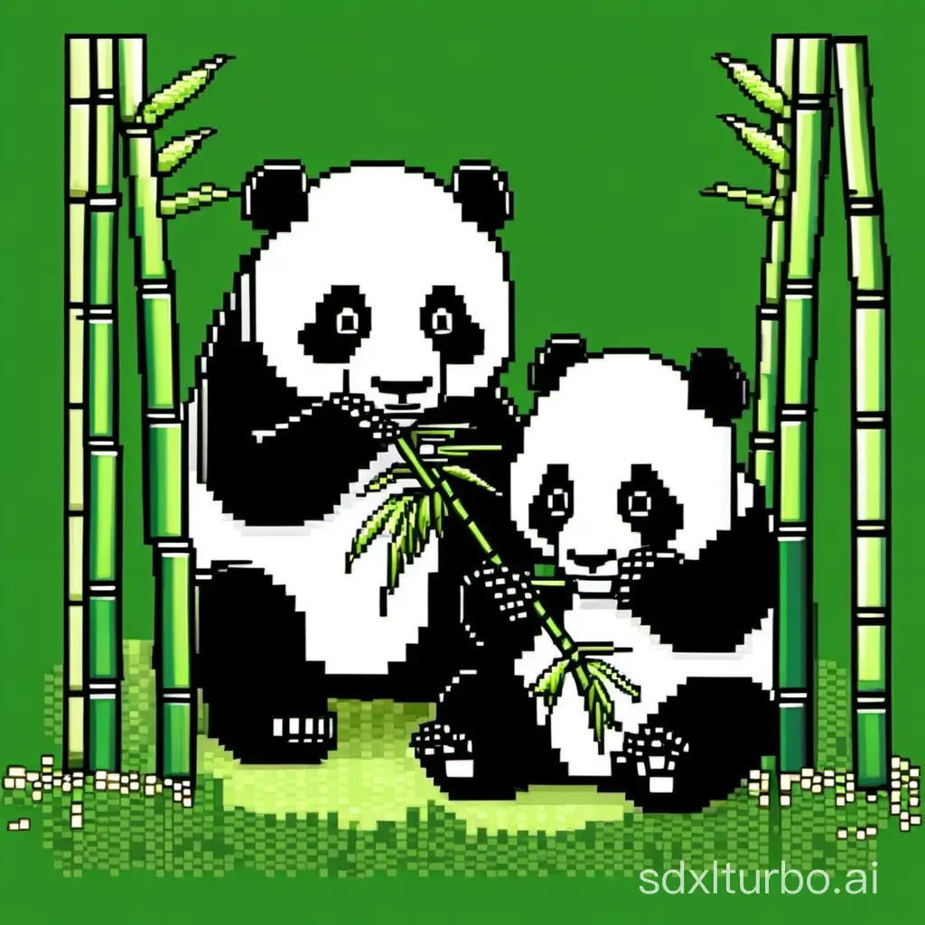 Giant pandas eat bamboo in pixel style high quality