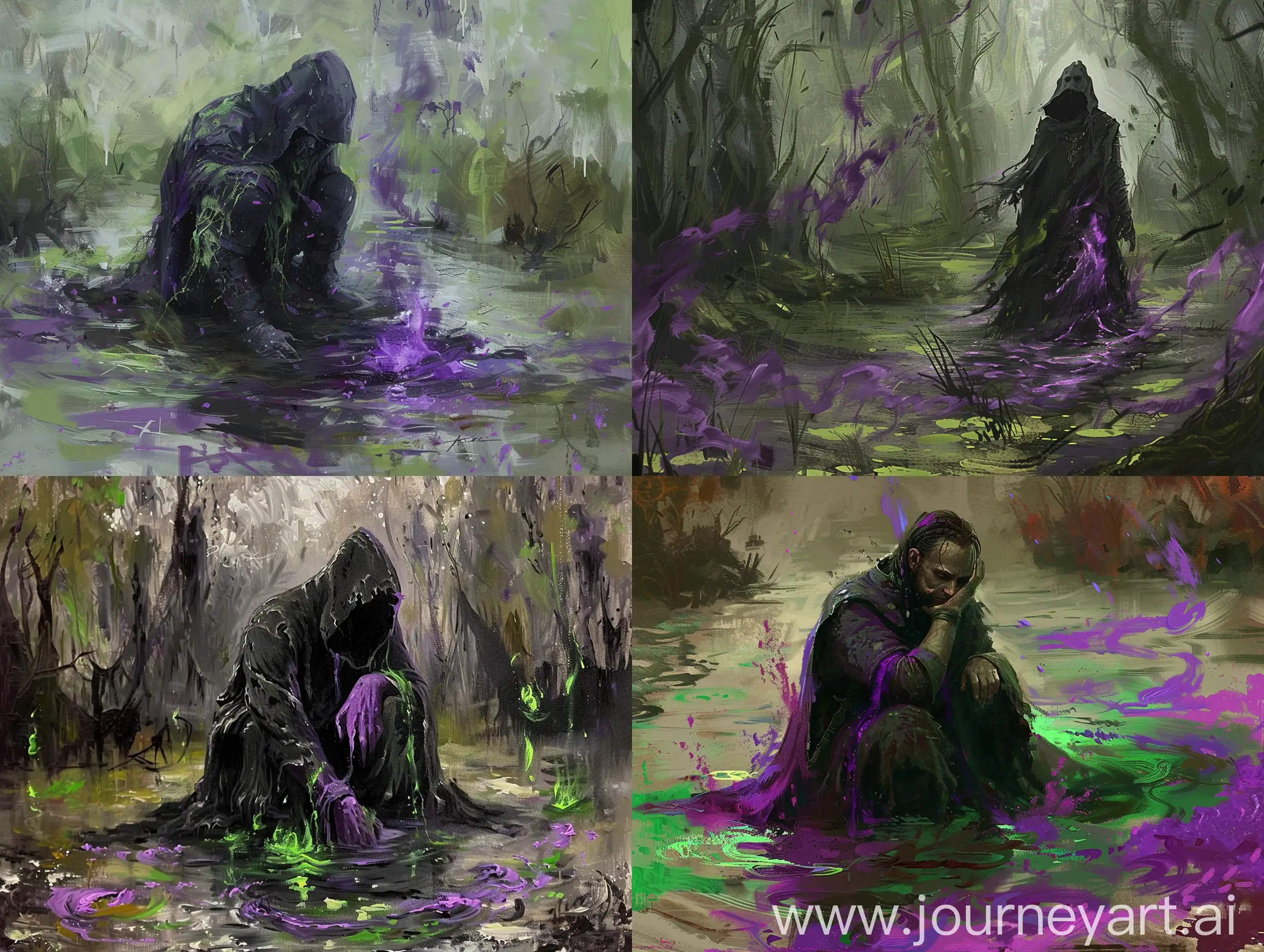 dark warlock sulking through a swamp of death. purple and green death magic emanates from him.
In the art style of Terese Nielsen oil painting.