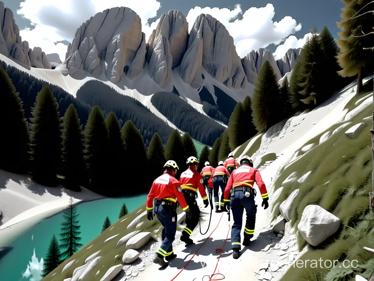 paramedics rescuing a female climber suffering heart failure on Dolomiti trail above braies lake