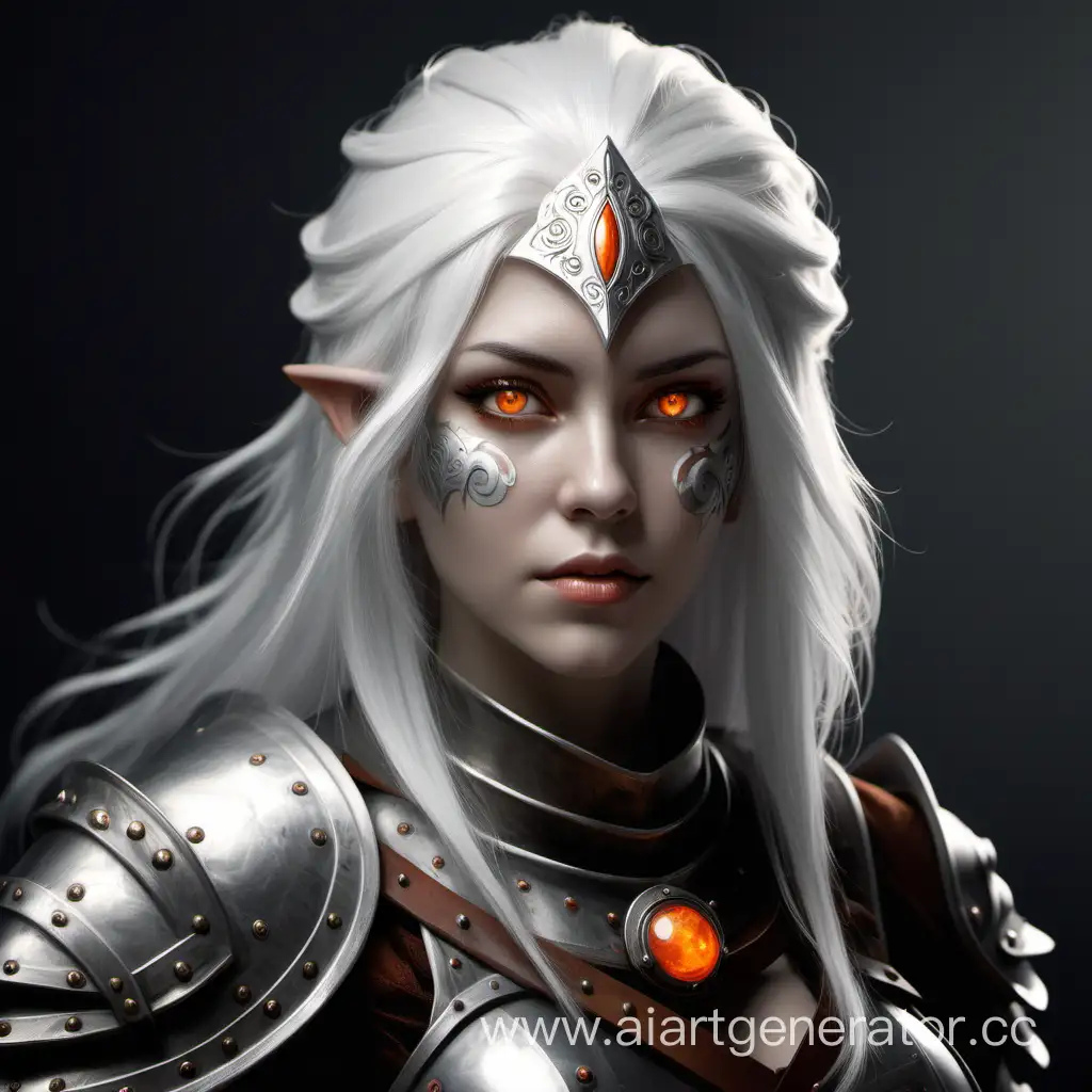 concept art, woman white hair, orange eyes, fantasy medieval, warrior in helmet