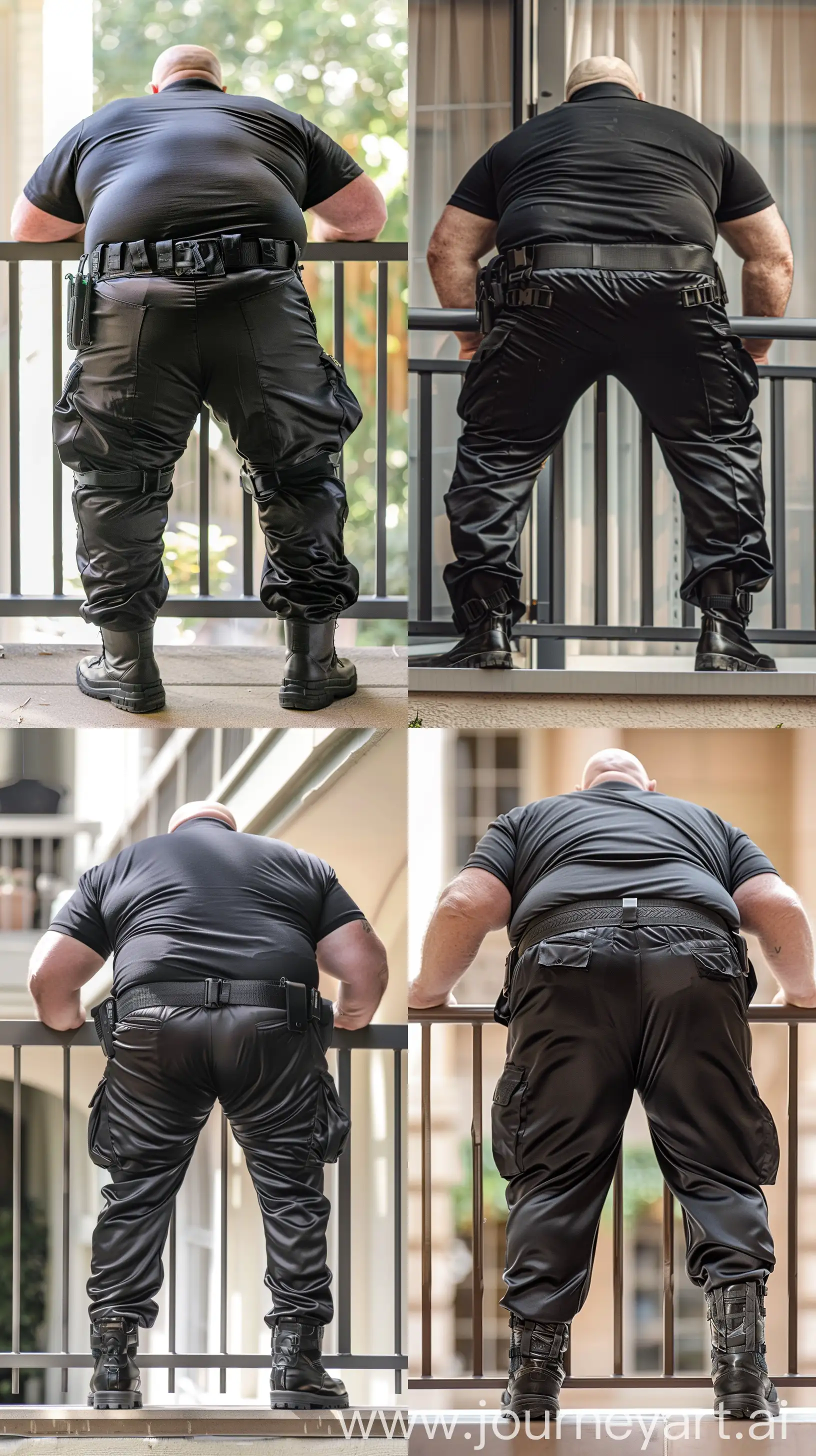 Back view photo of a very fat man aged 70 wearing silk black security guard battle pants tucked in black tactical boots and a tucked in silk black sport polo shirt. Heavy black tactical duty belt. Standing and bending forward on both elbows on the railing of a balcony. Outside. Bald. Clean Shaven. Natural light. --style raw --ar 9:16