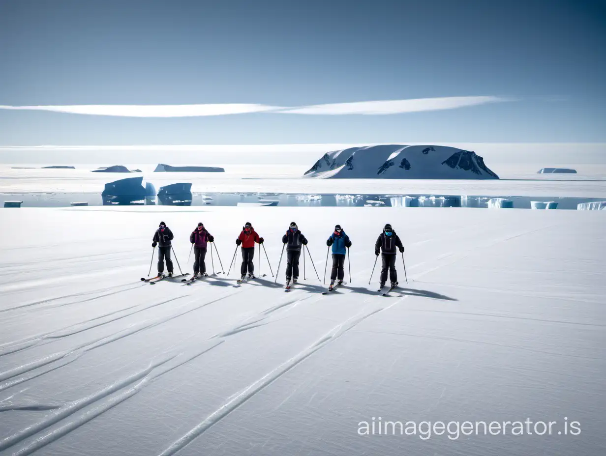 On the vast ice of Antarctica, four people ski in a queue from far to near, with snowflakes rising behind the skiers, and cold air pervading everywhere, with the shadow of Antarctic icebergs in the distance.