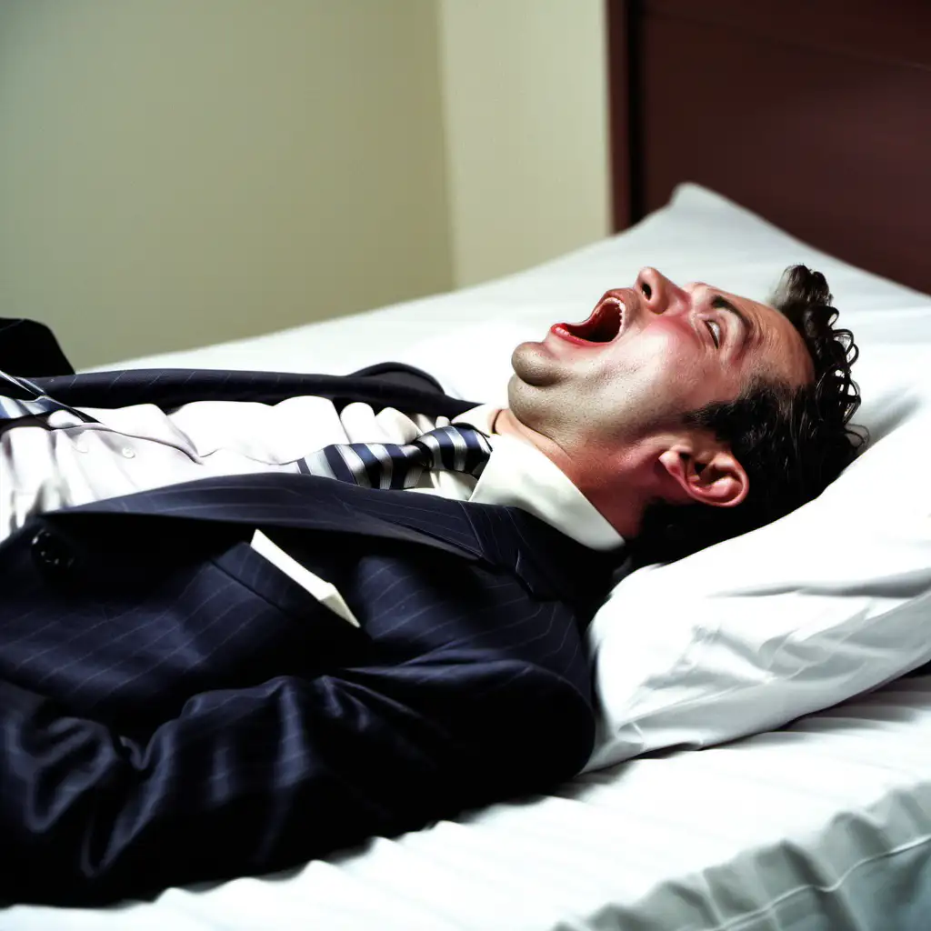 homem caído na cama, de barriga pra cima e boca aberta e sufocado, de terno e gravata. vista de lado.