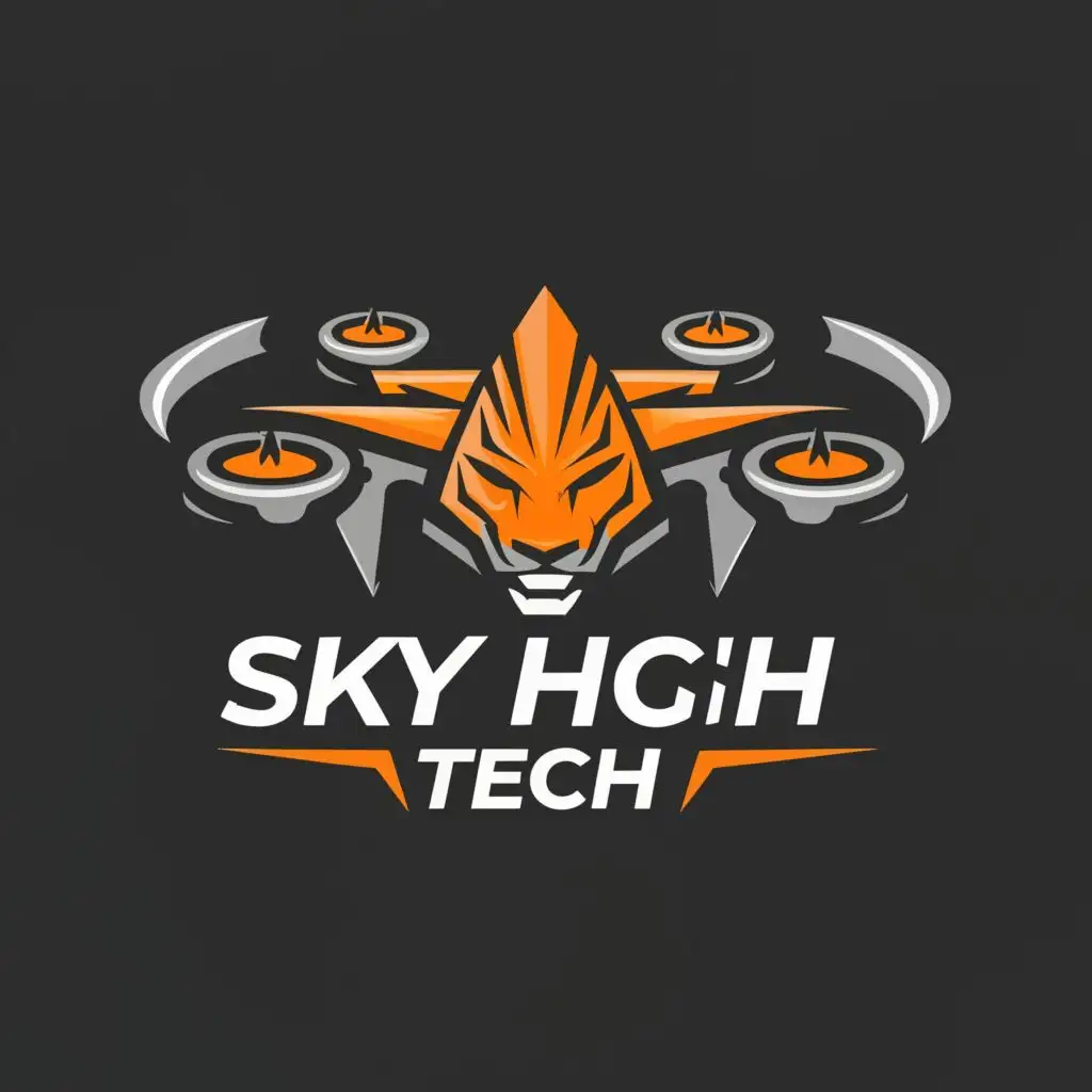 a logo design,with the text "Sky High Tech", main symbol:drone
Tiger mascot
,Moderate,be used in Technology industry,clear background
add black tiger stripes to drone
create image with orange, black, and gray color scheme
