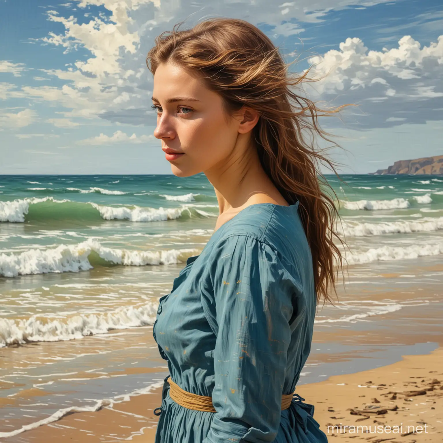 painting in style of Van Gogh of young woman on beach looking wistfully out to sea