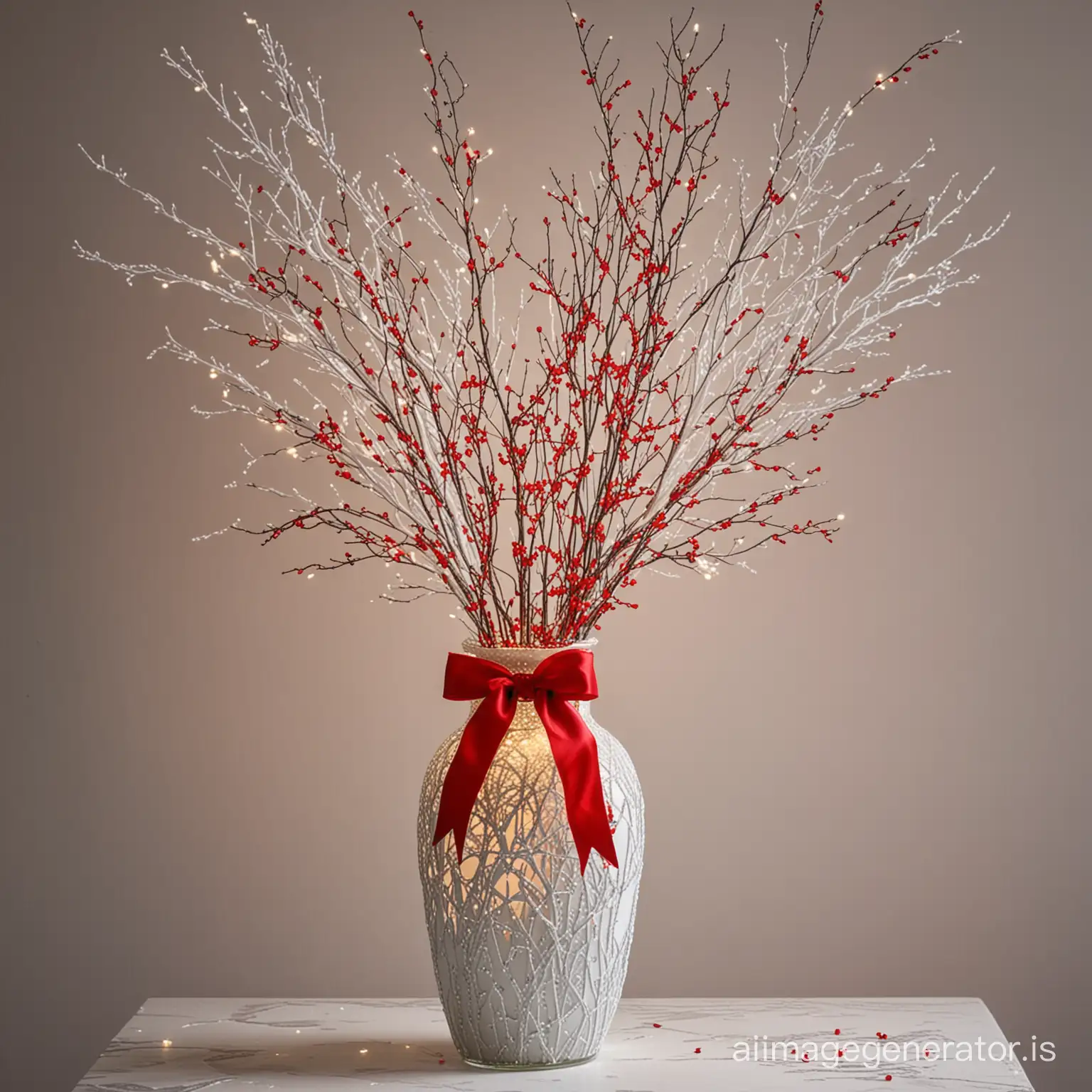 a vase with straight branches painted white with glitter and a red ribbon around the vase and fairy lights intertwined in the brandches