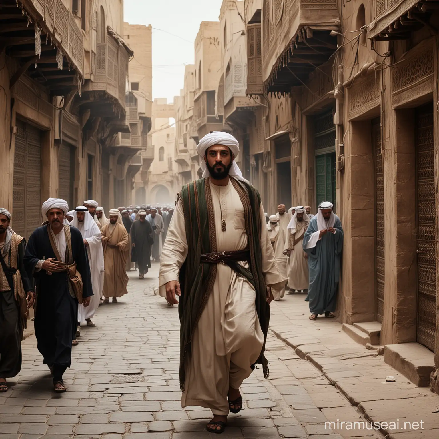 Compose an evocative scene featuring Hajjaj bin Yusuf, the influential Umayyad governor, amidst the bustling streets of ancient Medina. Describe the atmosphere, his demeanor, and the interactions with the people around him. Capture the essence of his power, ambition, or any conflicting emotions that may be present