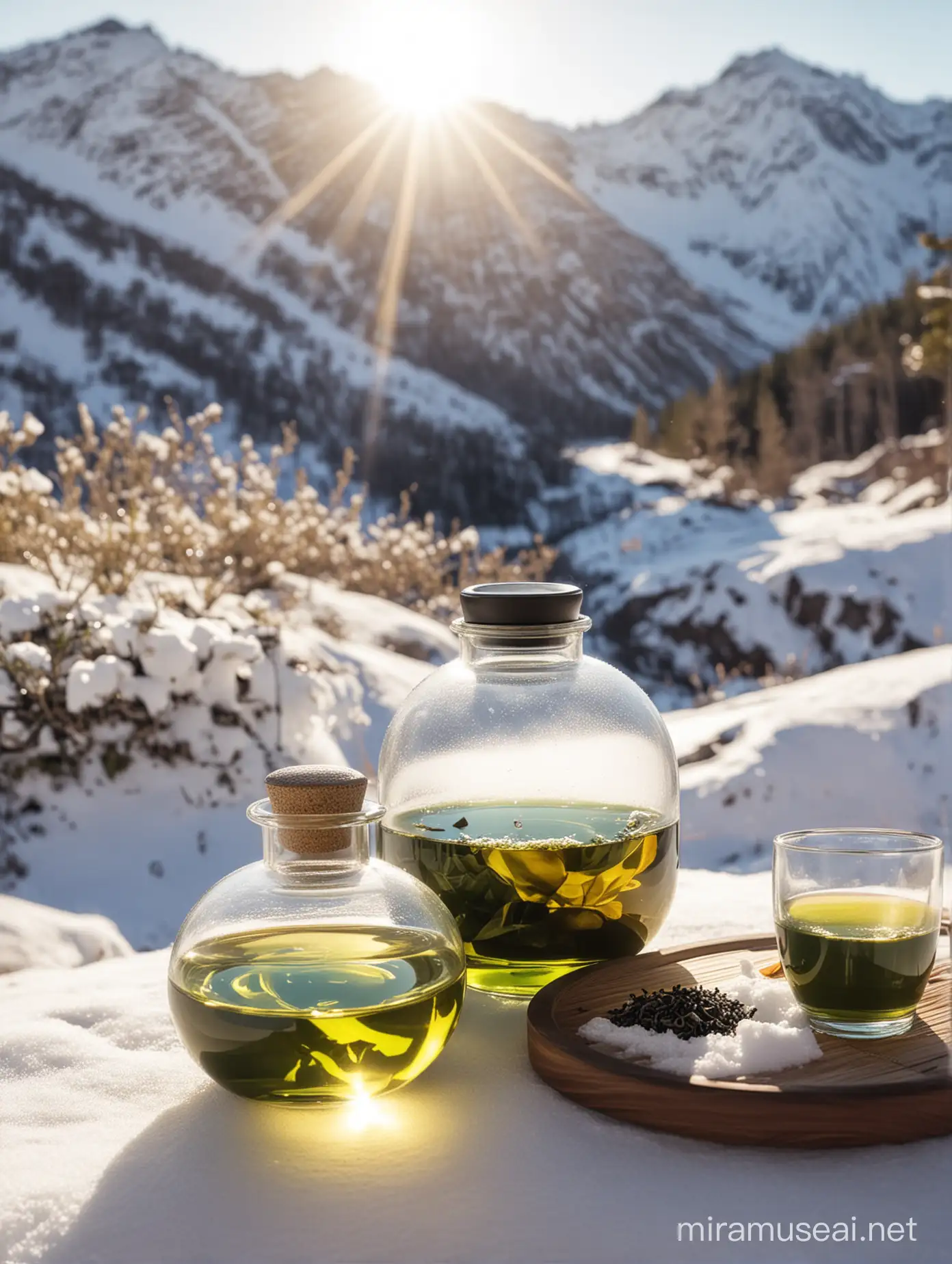 一个圆形香薰瓶，在阳光下，放在雪山上，旁边有一杯热的绿茶