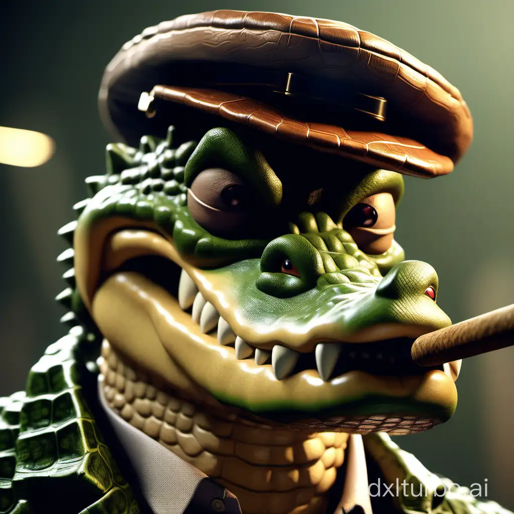 extreme close up of a crocodile caricature, close-up looking at camera, smoking a big brown cigar in his mouth, hi-poly artwork, octane render, 8k, unreal engine  cinematic, dramatic lighting, high resolution, detailed, 4k