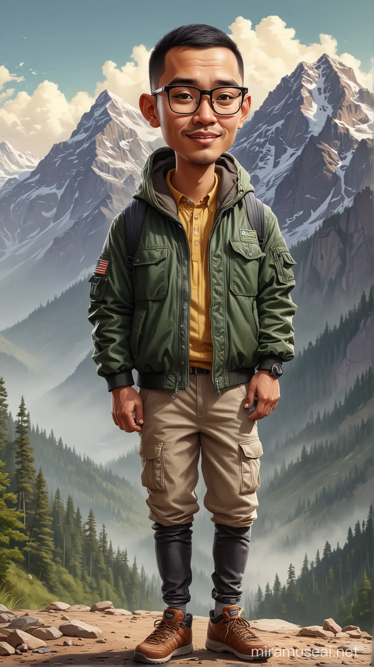 caricature potrait full body, A 29 year old Indonesian man, square face, neat short hair buzz cut, big head, wearing glasses, wearing a jacket, outdoor shoes, and mountain equipment, mountain as background. realistic.