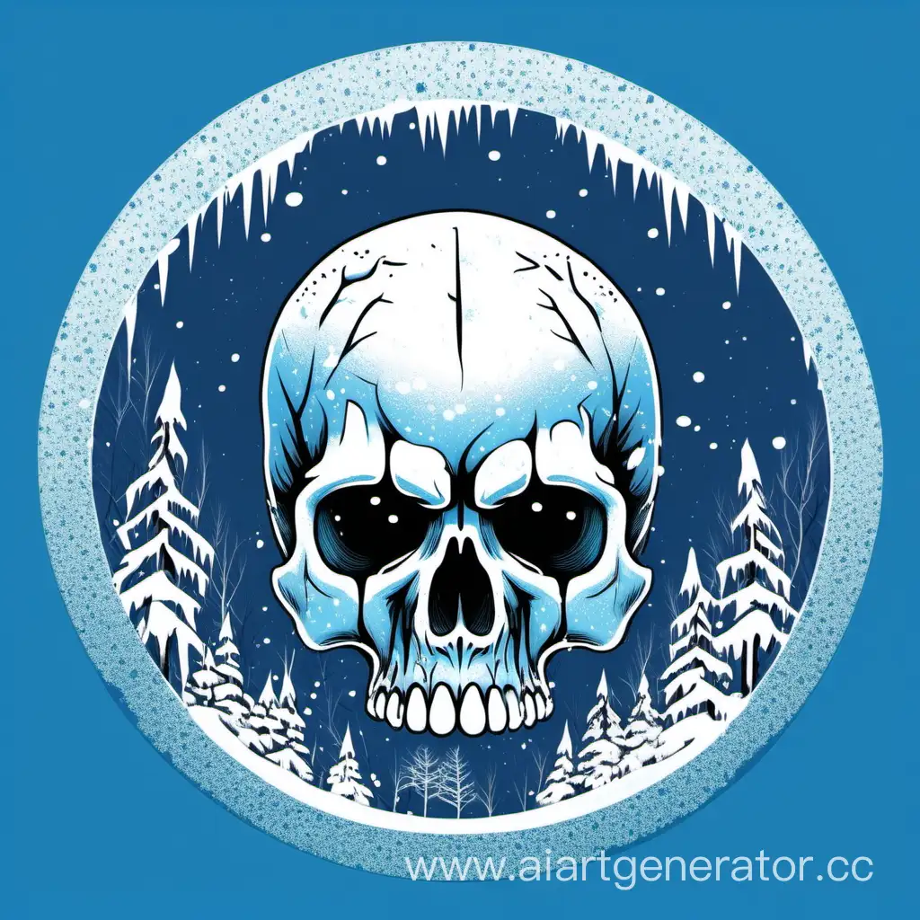 снежный череп по середине в синем круге на фоне зимы 