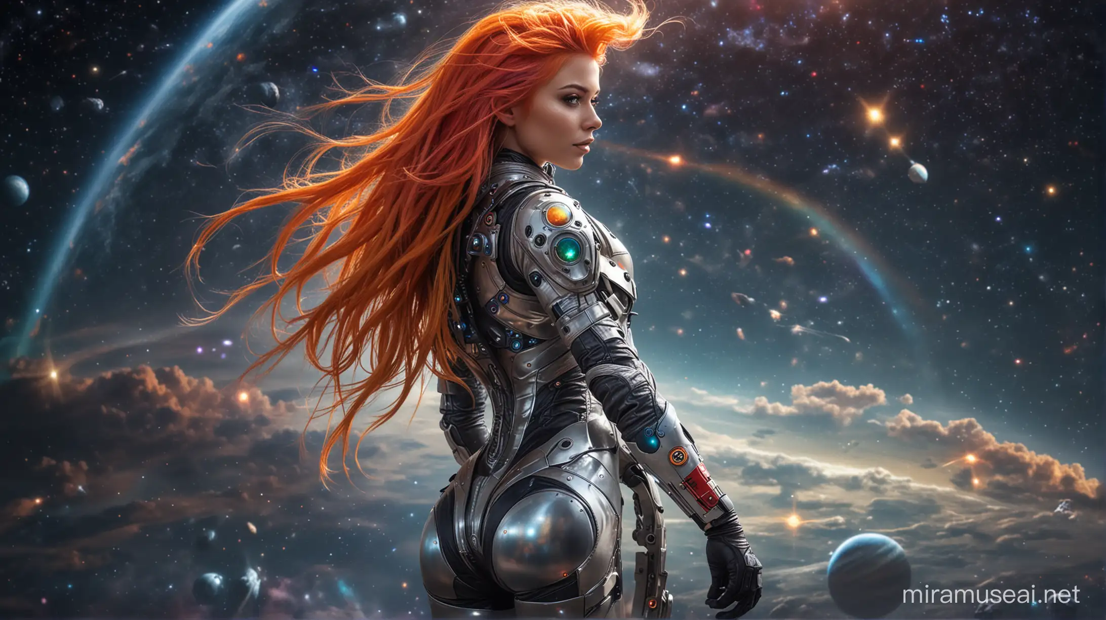 sexy russian girl, long rainbow hair, wild hair, full body, from behind, round butt, tight spacesuit, armored spacesuit, colorful spacesuit, glowing spacesuit, space, planets, galaxies