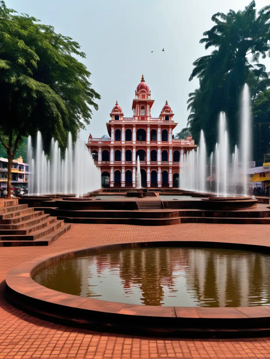  founthains panjim with modern architecture in 10 years with high climate change and cold winter with old buildings in back
ground with malla temple

