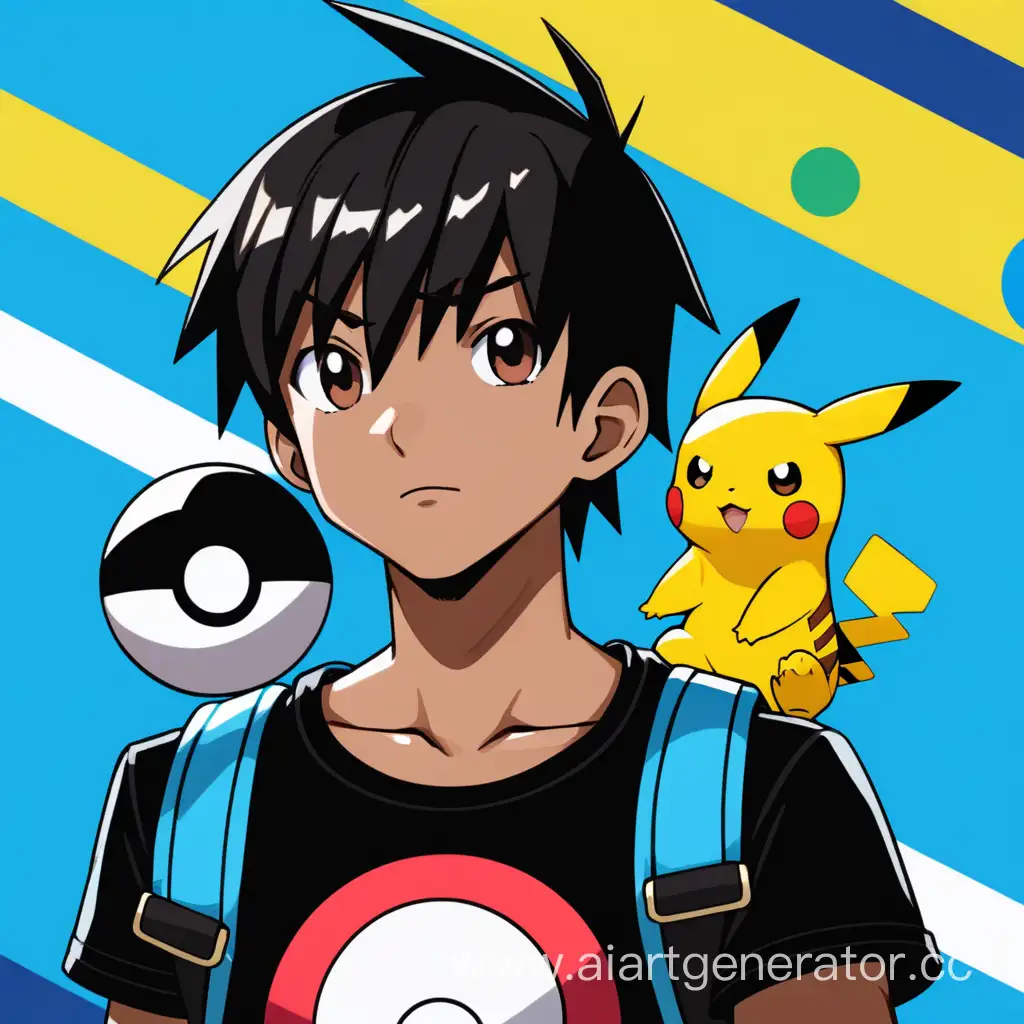 Pokemon
Pokeball
trainer
brown skin
short black hair
Pikachu
Music
Blue background
Male