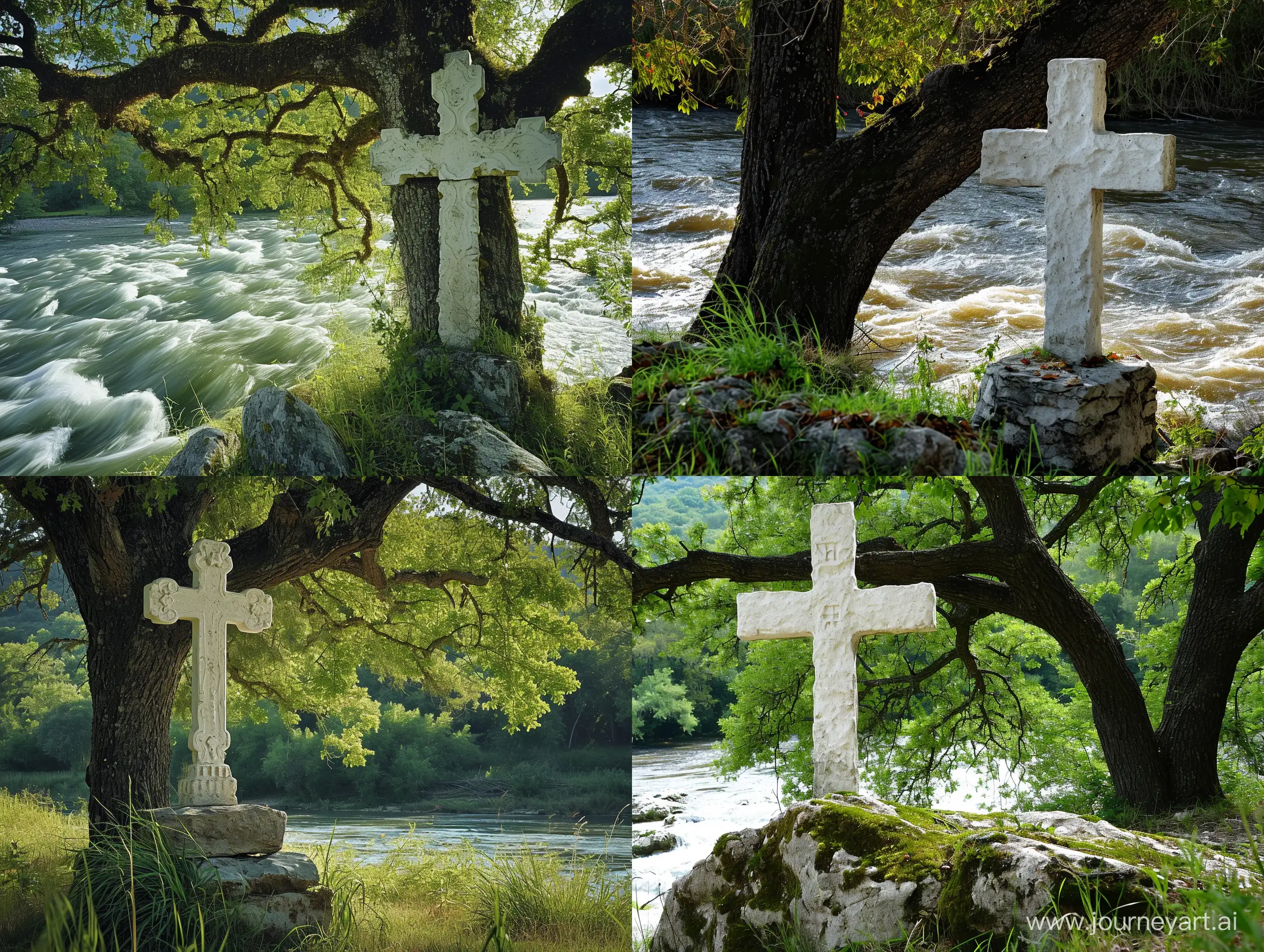 Serene-White-Stone-Cross-by-the-River-Under-an-Oak-Tree