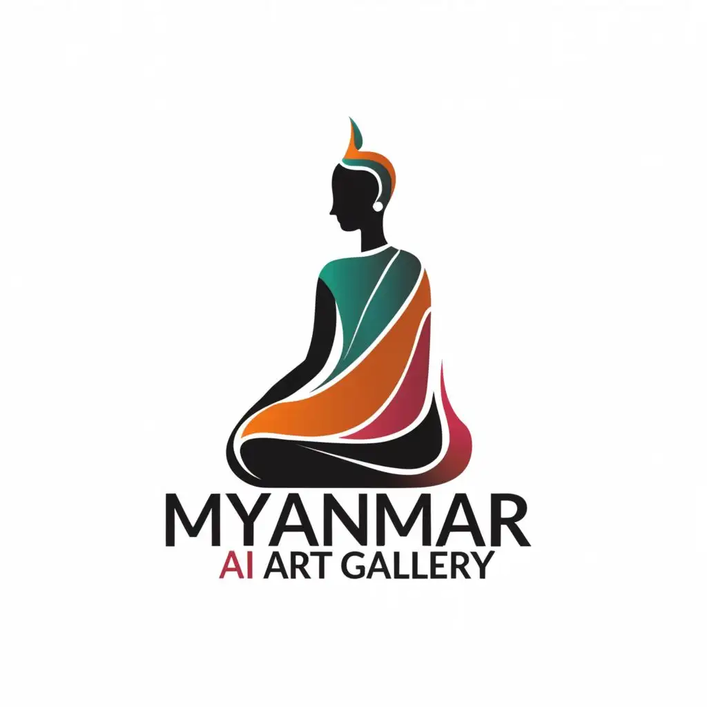 a logo design,with the text "MYANMAR AI ART GALLERY", main symbol:Silhouette Abstract Burmese woman with Bagan traditional dress and hair style sitting and posing attractively on the background of color palette and brushes , side shot,Minimalistic,clear background