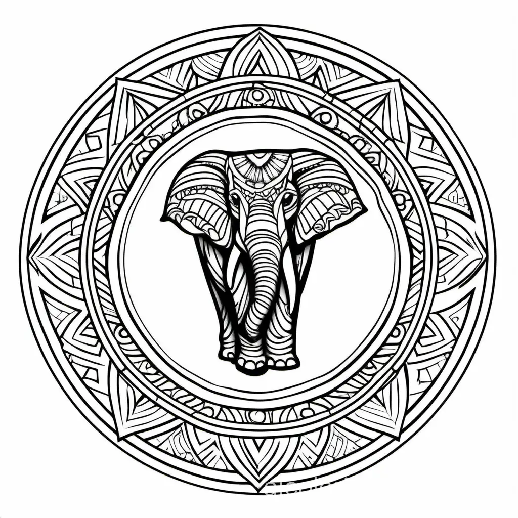  AN ELEPHANT  MANDALA, Coloring Page, black and white, line art, white background, Simplicity, Ample White Space. The background of the coloring page is plain white to make it easy for young children to color within the lines. The outlines of all the subjects are easy to distinguish, making it simple for kids to color without too much difficulty
