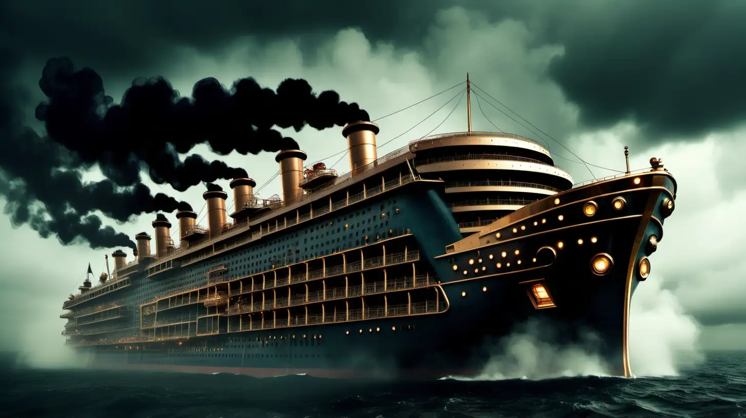 Steampunk very big cruise ship with side paddles and steam  heavy smoke sea rain darkness storm 