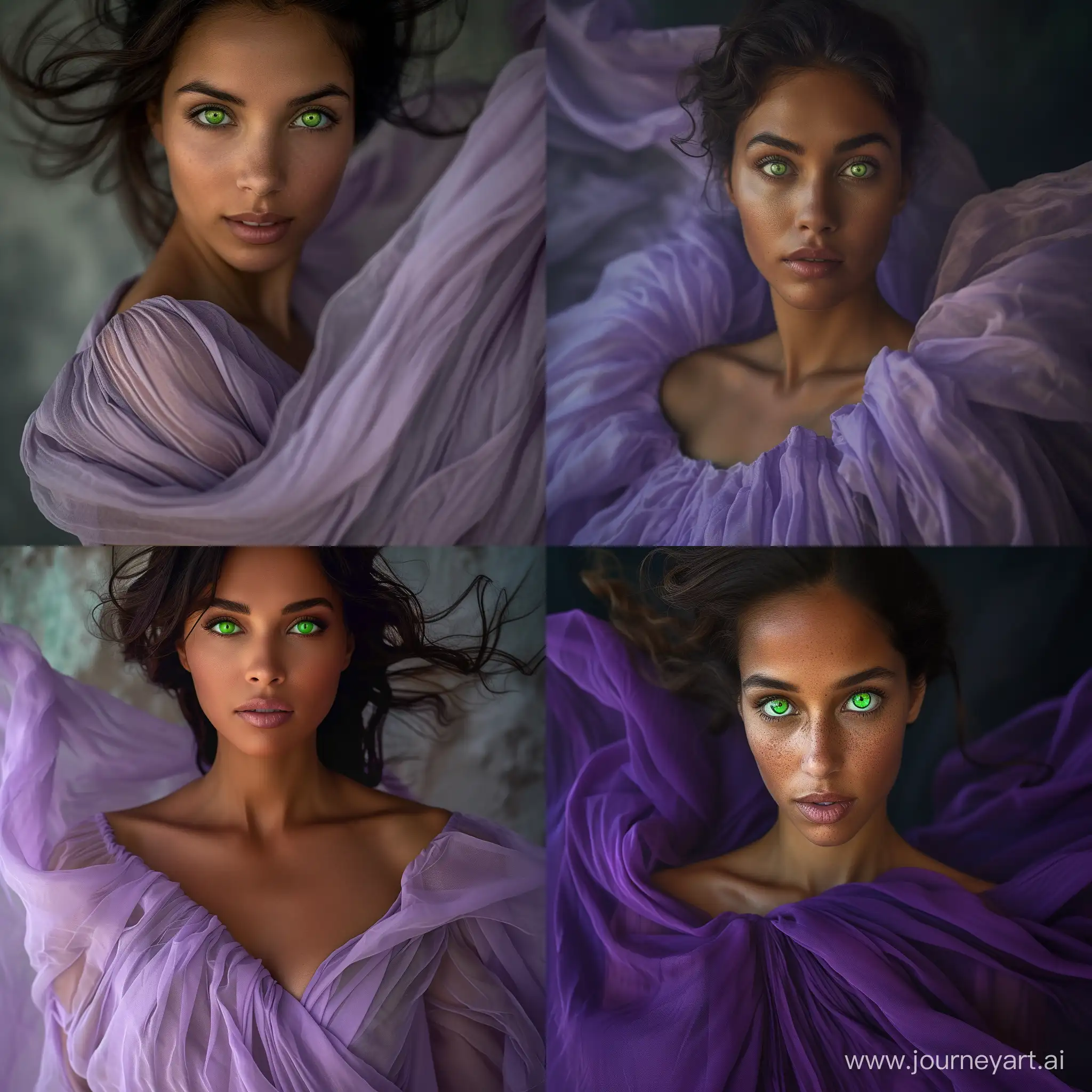 Captivating-Cinematic-Portrait-of-Arab-Woman-in-Billowy-Purple-Dress-with-Mesmerizing-Green-Eyes