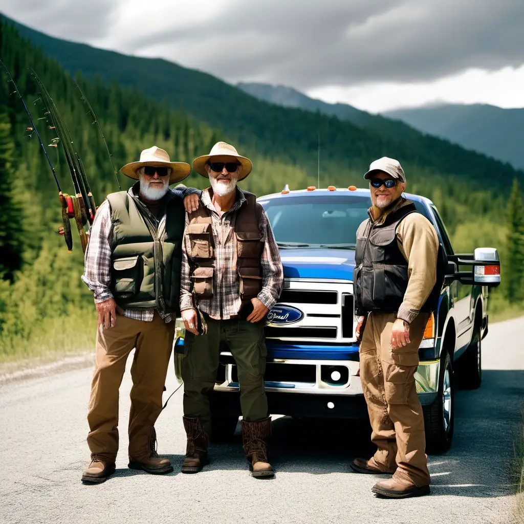 A picture of three 40 yr old guys dressed in fishing gear. Standing around a Ford Pickup. Have them happy around and enjoying the trip in the mountains. No fishing rods in the picture



