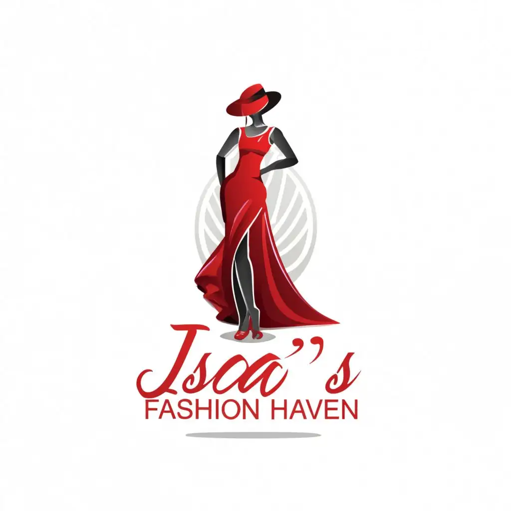 a logo design,with the text "Isa's Fashion Haven", main symbol:A woman in red dress with a hat,complex,clear background