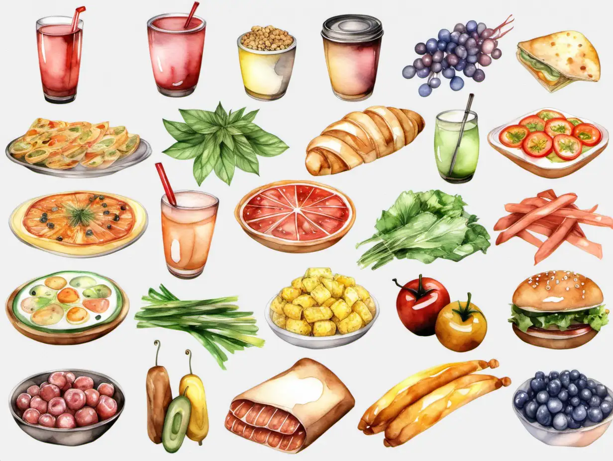Foods Watercolor style realistic Clipart Bundle. no texts