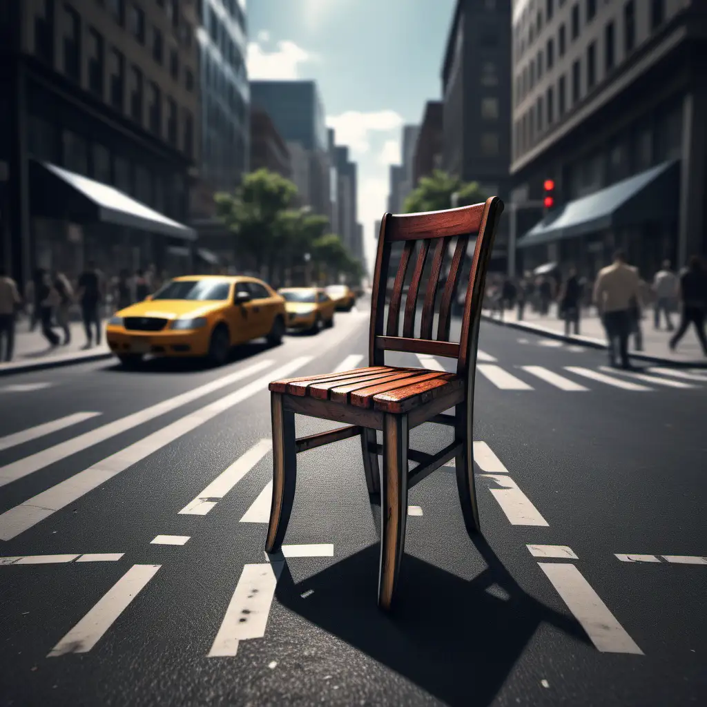 A chair in the middle of the street, lots of traffic in the city, epic style, hyper realistic photography, ultra detailed