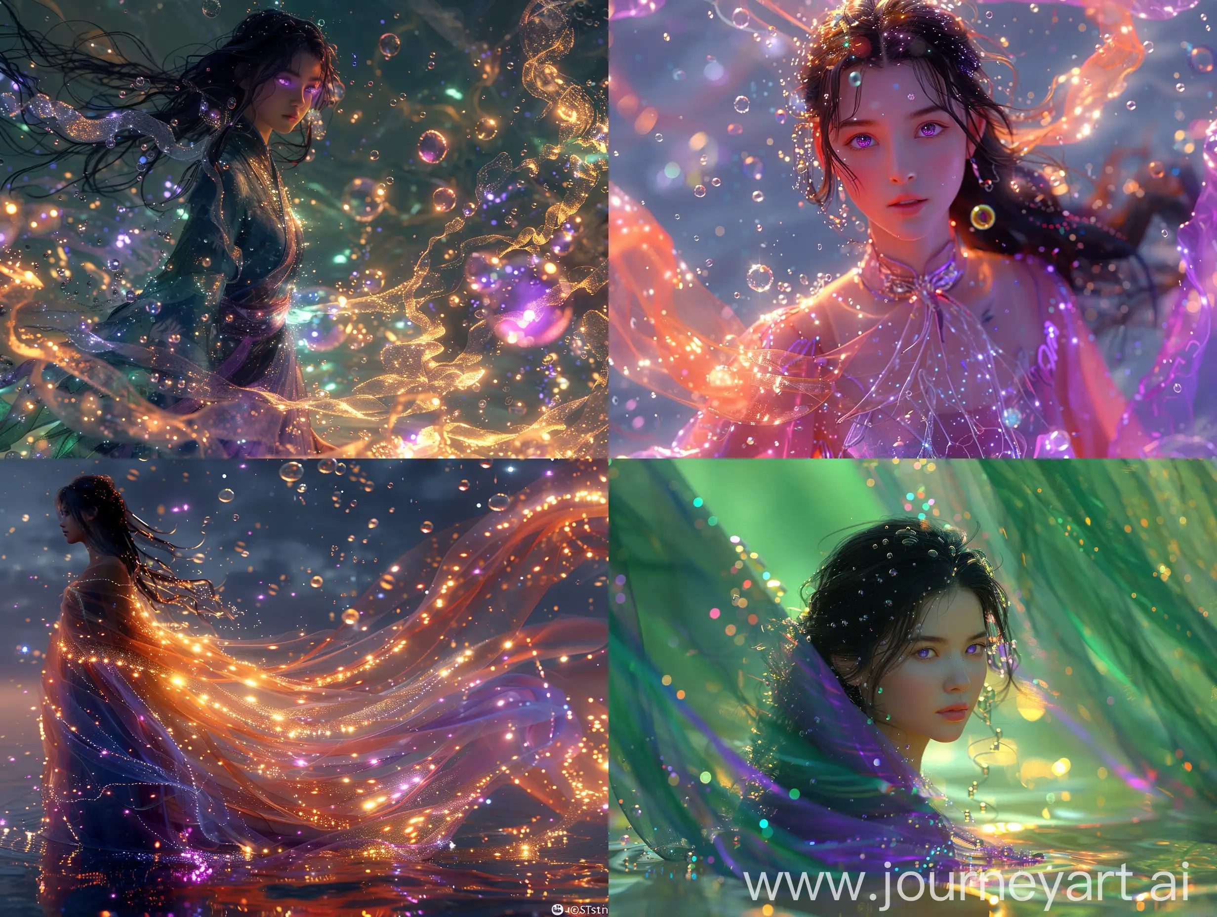 a woman that is standing in the water, digital art, inspired by Yanjun Cheng, fantasy art, glowing bubble threads of drop, artwork in the style of guweiz, portrait of kim petras, portrait of magical girl, trending at cgstation, endless flowing ethereal drapery, beautiful art uhd 4 k, ethereal bubbles, purple eyes and graphic scheme dress --s 750 