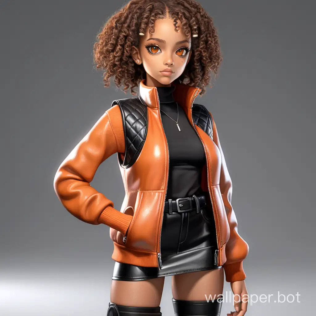 Character - Pretty mulatto 3D anime girl with light brown eyes. Front view . The head is tilted down. Thin, slender. She is wearing a black lace turtleneck. over the turtleneck she wears an orange leather vest and a black leather skirt. On her feet are black boots with thick soles. Curls. Dynamic natural pose. High quality and high detail. Clarity, shine, radiance. 4K