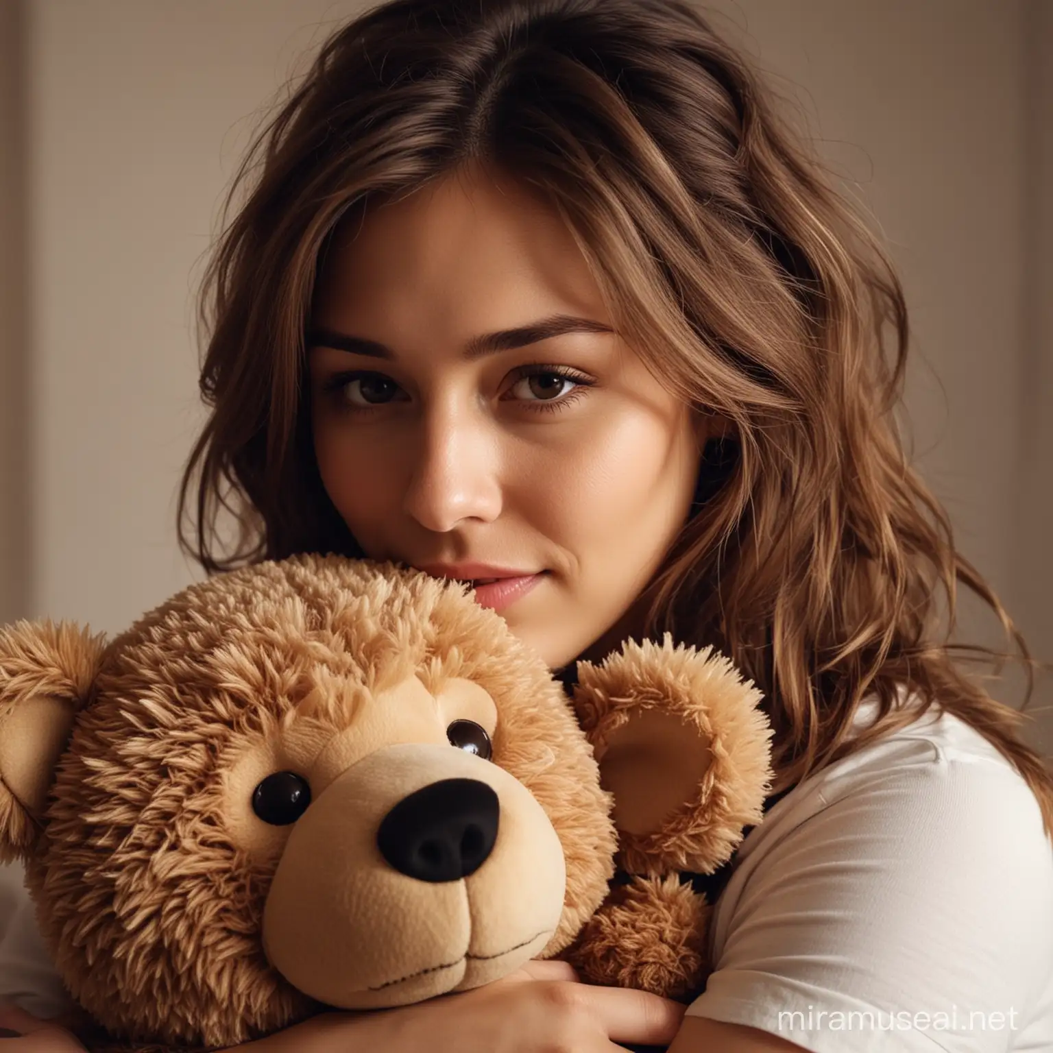  a woman hugging teddy bear, woman's face visible  medium hair  , photography, Cinematic lighting, Romance scene --hd