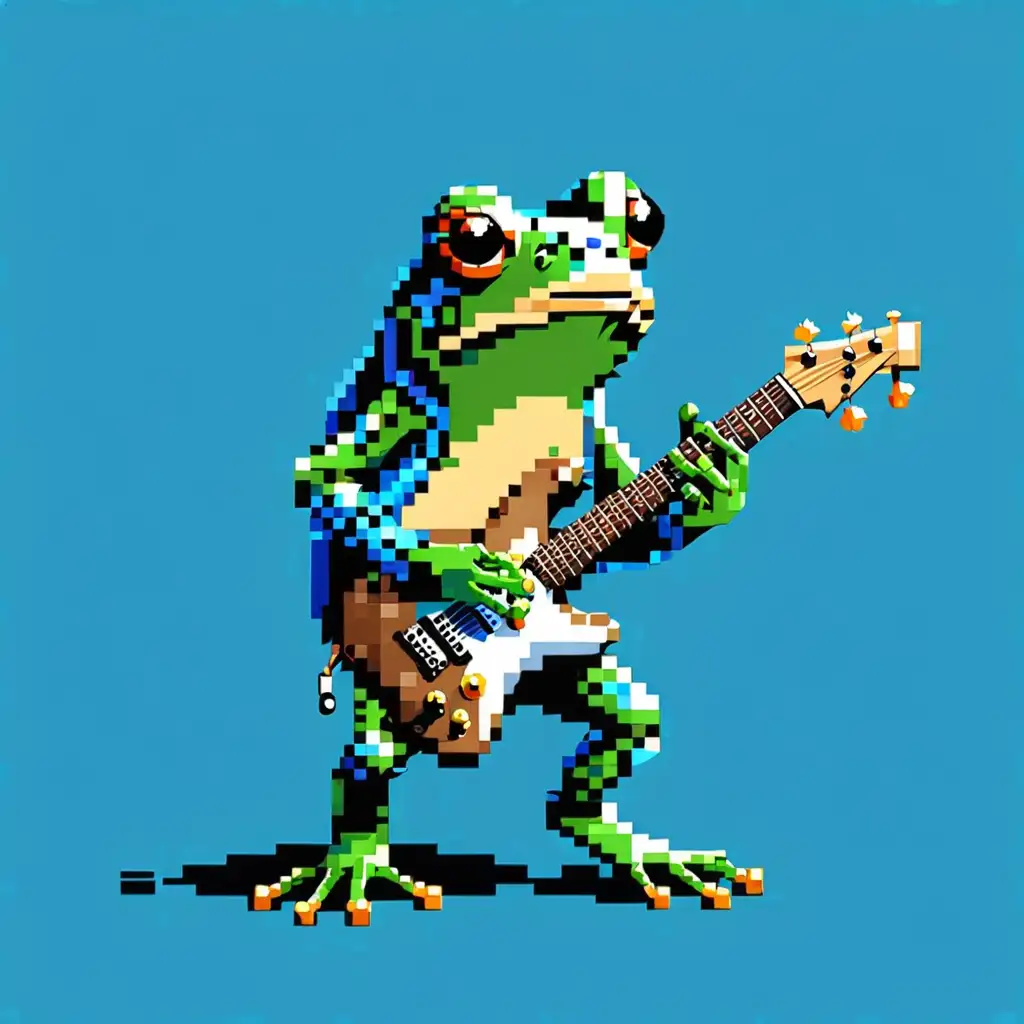 Vibrant Pixel Small Frog Guitarist on Blue Background