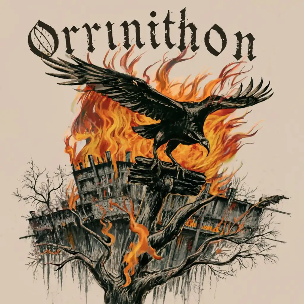 graffiti "ornithon" text, flying  raven, logo, dead raven skeleton, on dead tree, war, thunder, chaos, graffiti, war, fire, thunder, smoke, stoner, band, in the background, forest fire, burned buildings, thunder, burned city, etching, with the text "Ornithon", typography