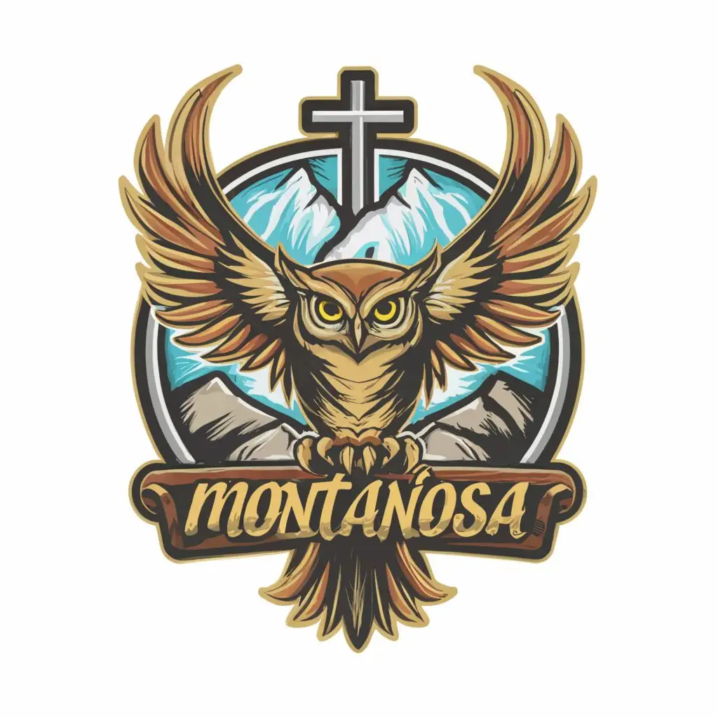 a logo design,with the text "Montañosa", main symbol:Owl, mountains, and a cross,Moderate,be used in Religious industry,clear background, tag line is "The Lord is our Banner"