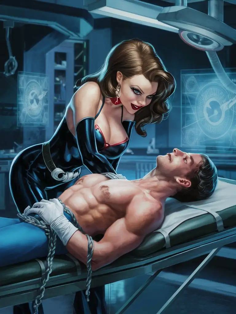 laboratory, beautiful busty female. brunette, Super villainess in latex leaning over, helpless handsome male super hero, lying medical table, Beautiful