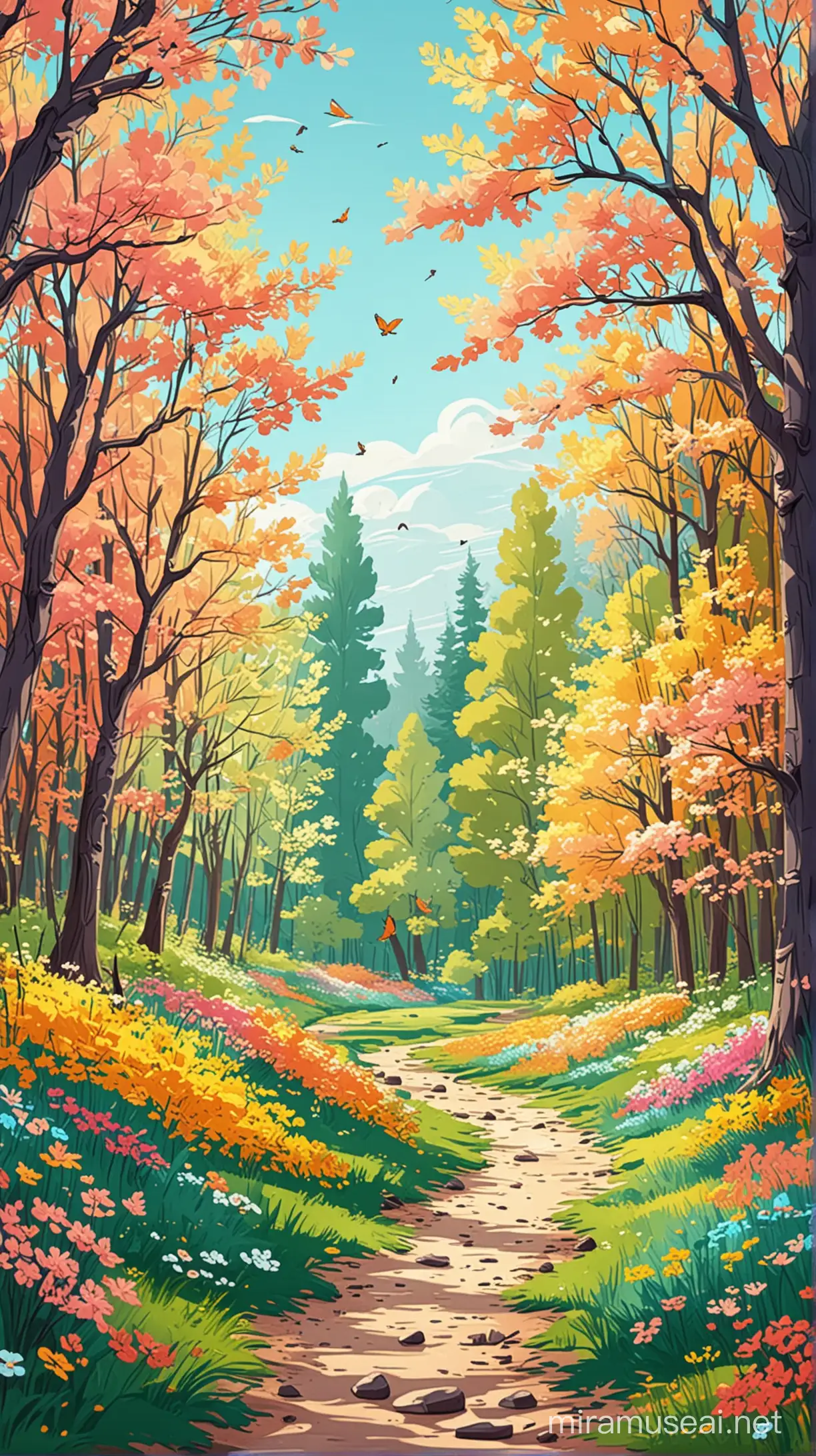 Cheerful Springtime Cartoon Landscape Vibrant Nature Scene in Blossom