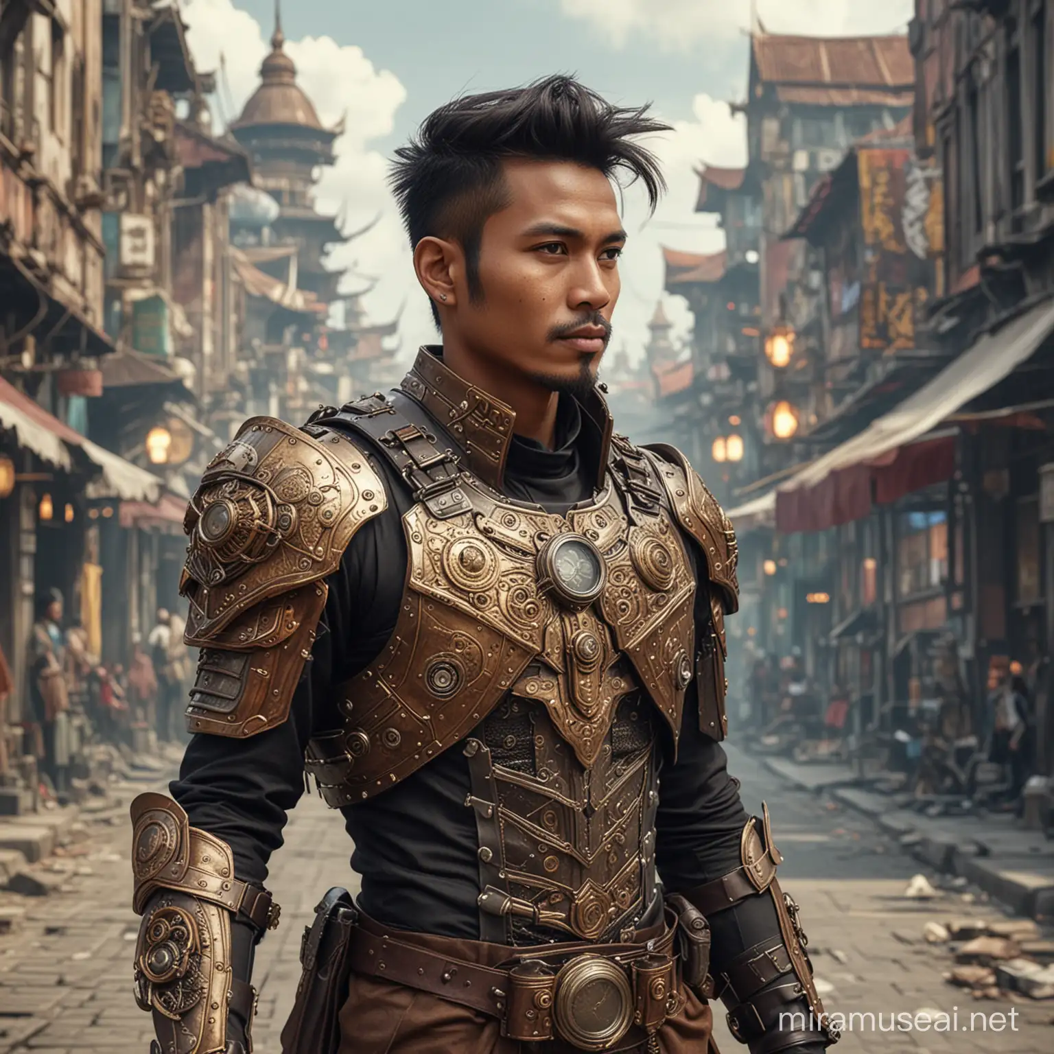 An Indonesian Sundanese man wearing a steampunk style costume, wearing warrior style armor, retrofuturistic city background. Detailed, full hd, realistic, 300dpi