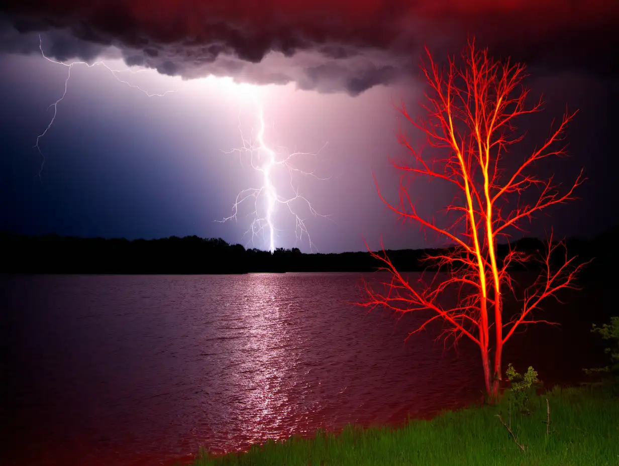 trees, lake, lightning, red,  yellow
