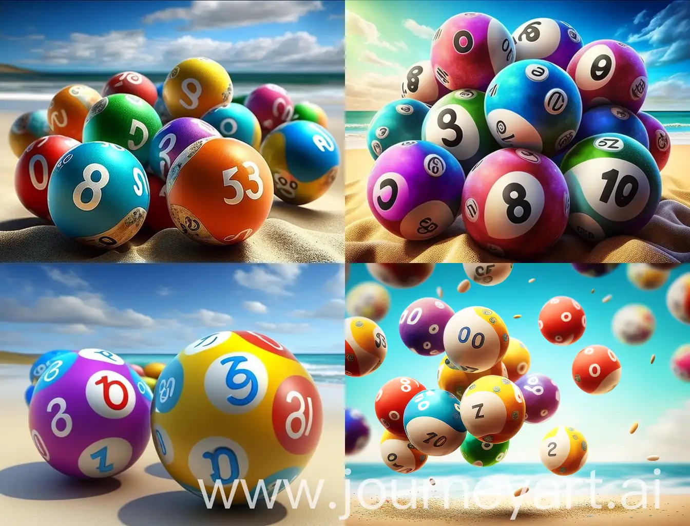 Bingo balls flying, beach background cartoonist images