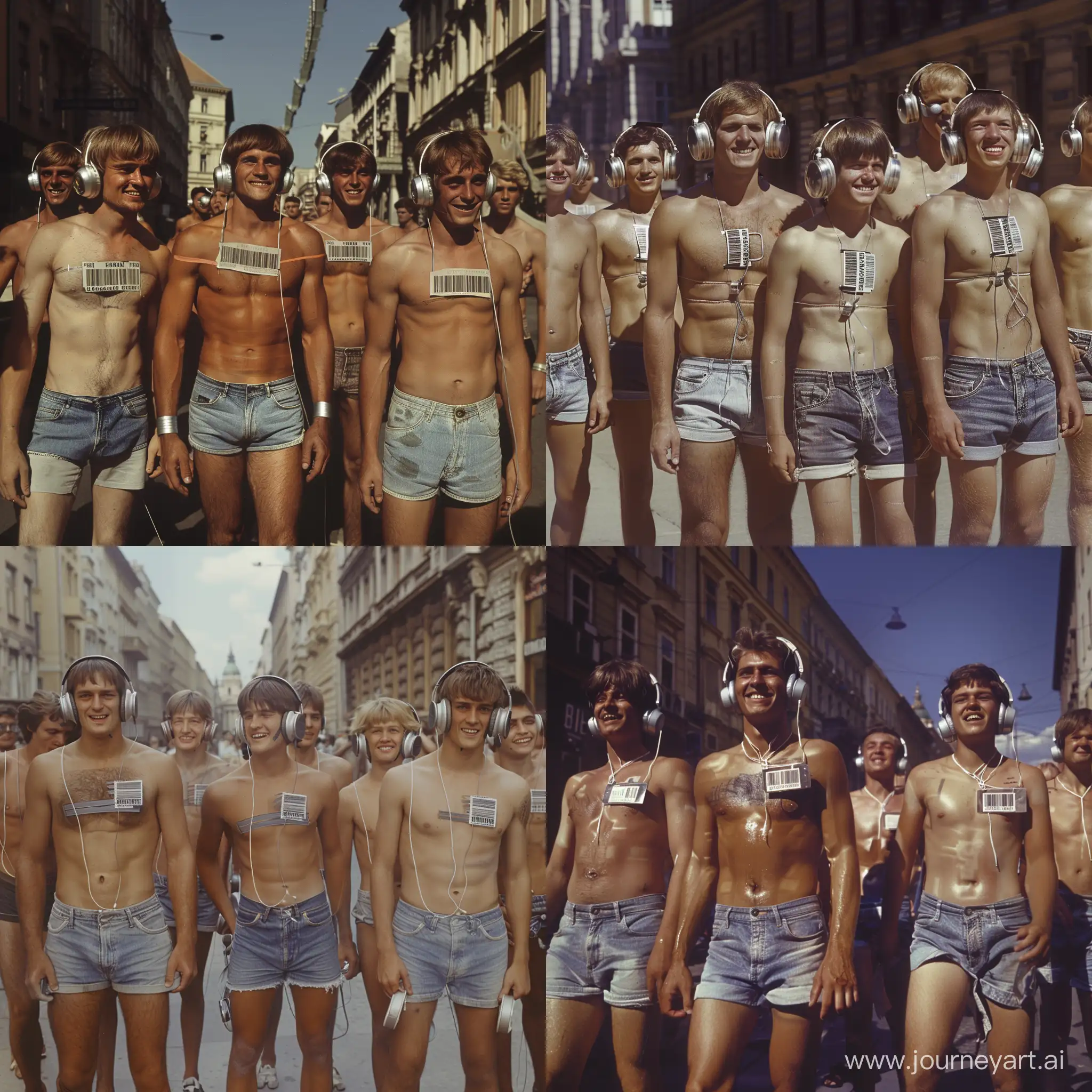 Handsome muscular middle-aged men and handsome muscular college-age boys each wear silver headphones and fitted denim cutoff shorts, dazed smiles, small barcode attached to each man's chest, 1970s Budapest street setting, facing the viewer, mass indoctrination, color image, hyperrealistic, cinematic