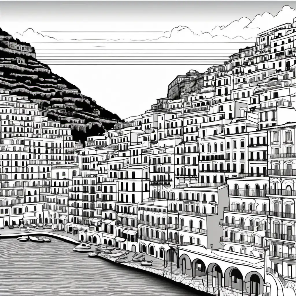 Please create a black and white picture that is ideal for a very simple coloring book.  Please create a view of the Amalfi Coast with no gray and no shading.  Only the black lines framing each of the picture elements.  The only color to be used is black and and that is for the minimal design elements.  No shading at all.