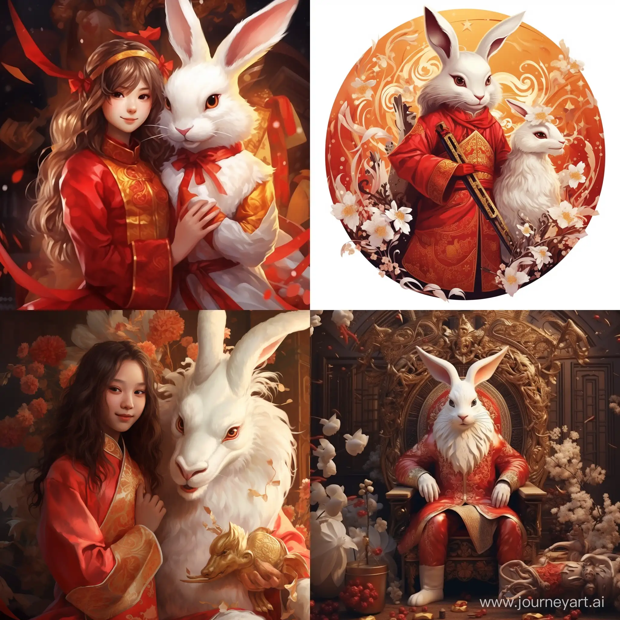 Золотой дракон в красном сюртуке обнимет белого зайца, новогодняя атмосфера
