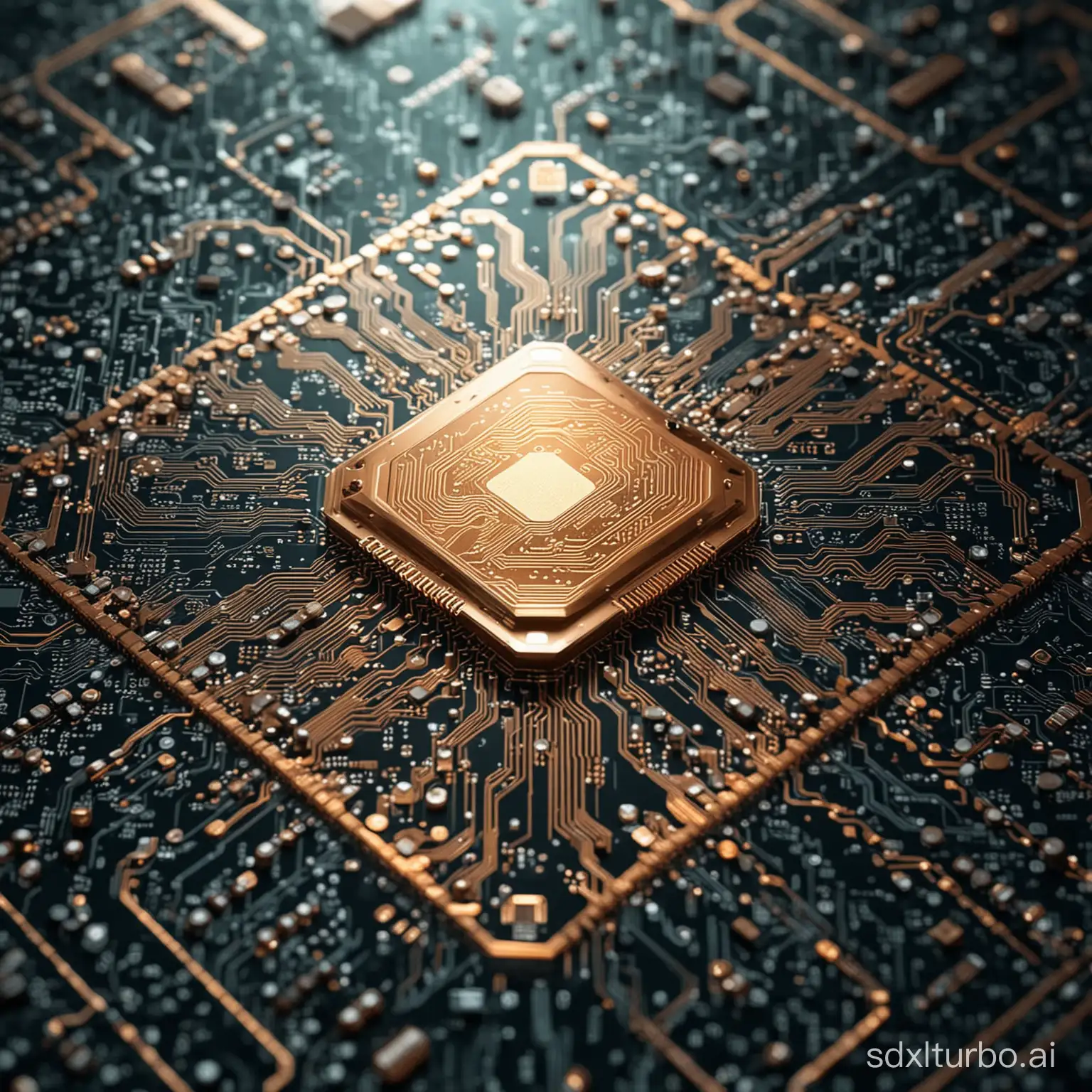 Create an AI-inspired image featuring sleek, metallic surfaces with intricate circuit patterns intertwining throughout. The overall ambiance should convey a sense of innovation, intelligence, and the cutting edge of technology. A IC chip is floating with a flashing light in the center and below the chip, accompanied by the flow of current outward. While this description might be a metaphorical representation of the working state of an electronic device, in reality, chips or integrated circuits do not emit light.