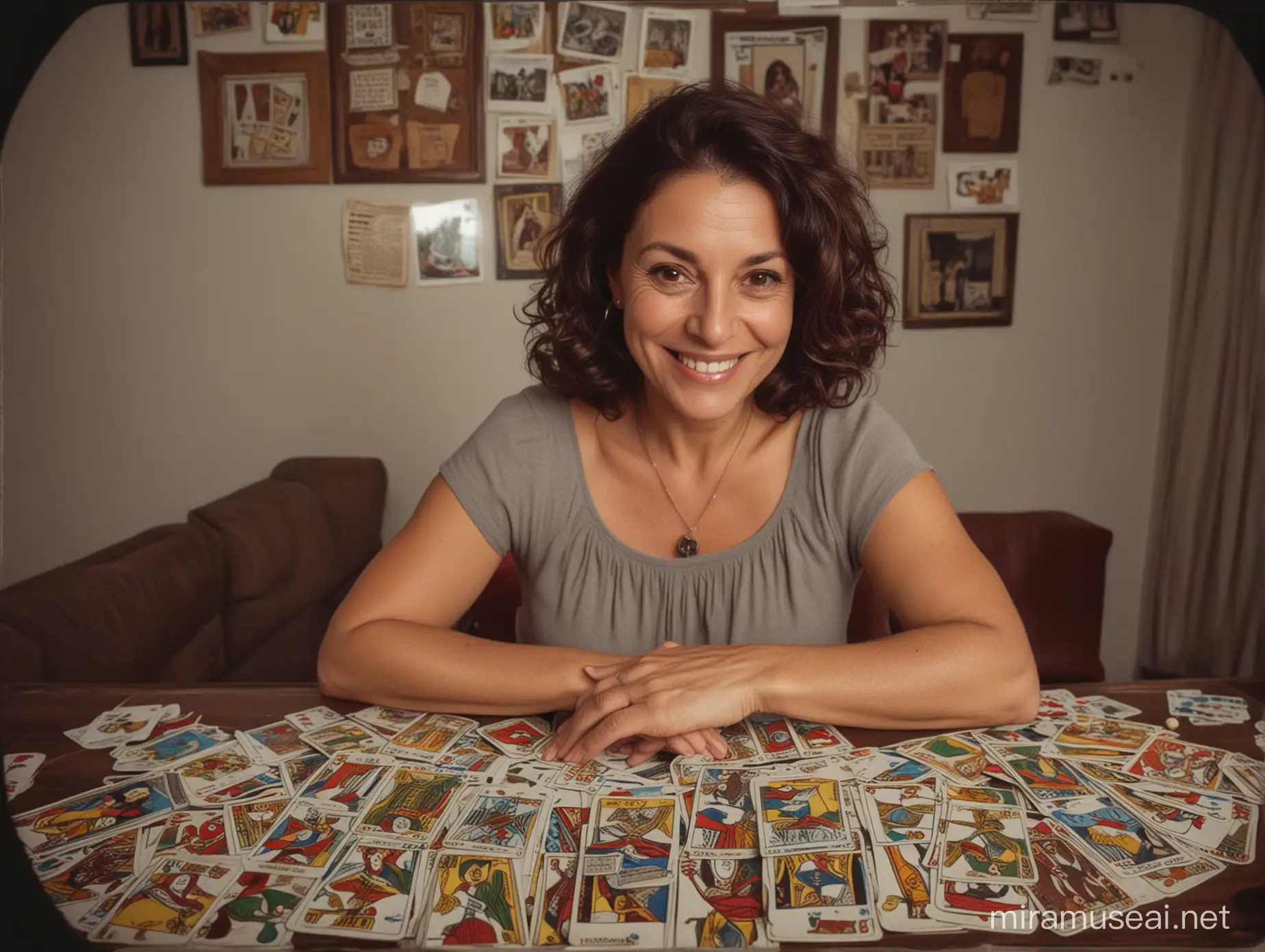 phone photo of simple middle-aged Brazilian woman smiling at the camera playing tarot cards, fisheye lens, posted to reddit in 2019 --style raw --s 0 --ar 9:16
