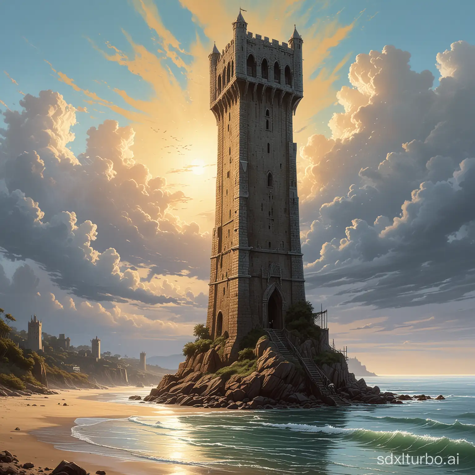 In the art style of Michael Whelan, generate an image of a tall, medieval metallic tower that wide flat head. The tower sits beside the sea.
