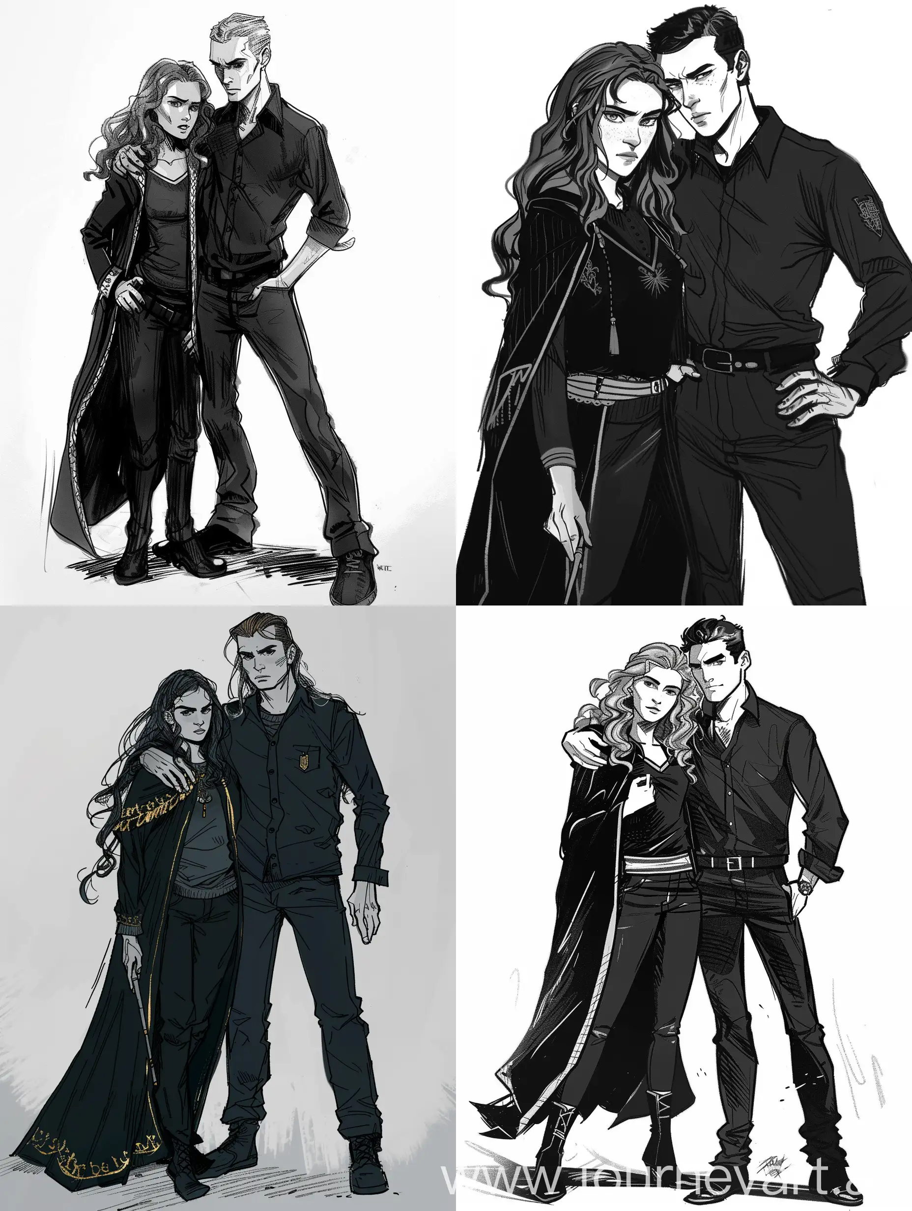 Hermione and Draco standing close together. He could have his hand on her back or shoulder or simply be standing close by. 
Hermione might look kind of defiant, like she's ready to take on an enemy. She might be wearing dark clothing including a black cloak with gold trim around the edge (the cloak is special in the story). Her hair could be mostly down with the sides braided back. Draco might be serious or smirking, dressed in dark pants and something like a button-down shirt or sweater. (He could have a wand but she doesn't). His attitude might be challenging, like he's daring someone to test them, or protective.
