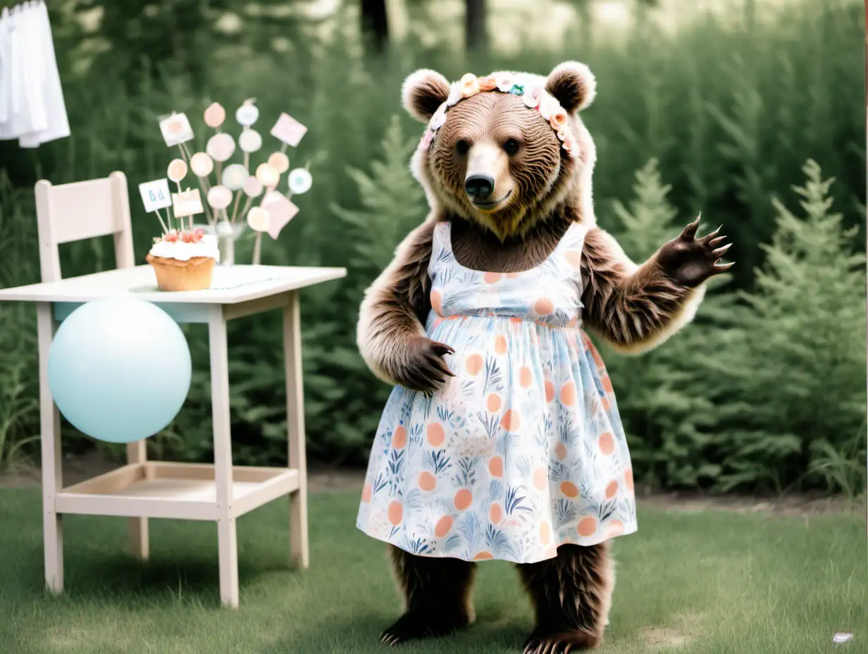 GRIZZLY BEAR, AT BABY SHOWER, WEARING CUTE SUMMER DRESS