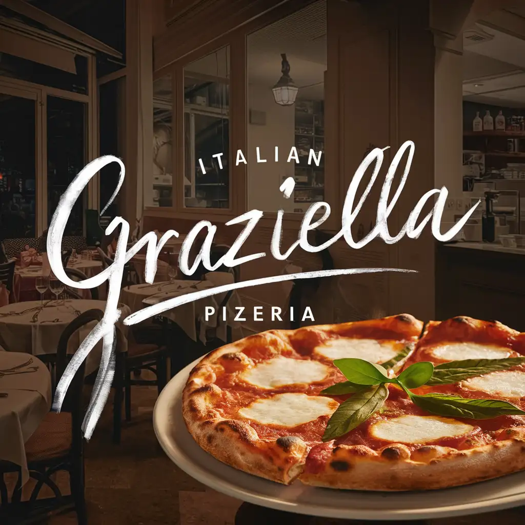 Handwriting Graziella Pizzeria logo, Italian colors, Quote Slice of Italy, Night cozy restaurant atmosphere, faded light. High quality, elegant, hot Margarita,