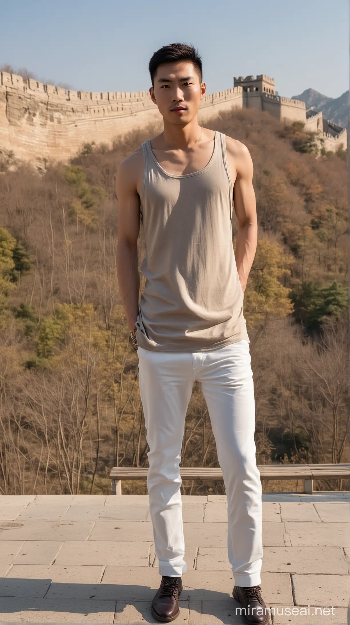 Stylish Chinese Man in Tight Clothing at Beijing Scenic Spot